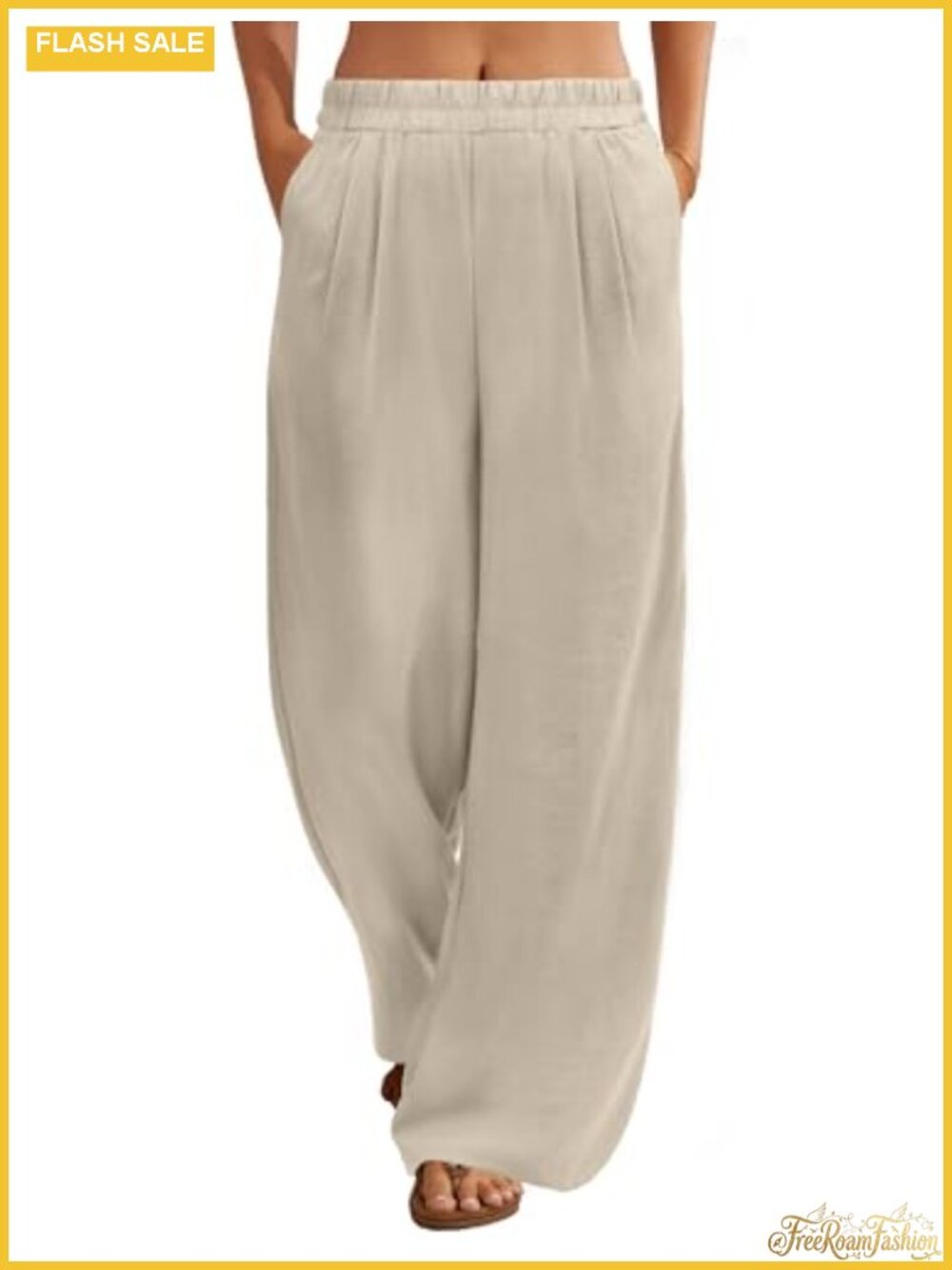 Women's Linen Wide Leg Palazzo Pants with Pockets Elastic Waist
